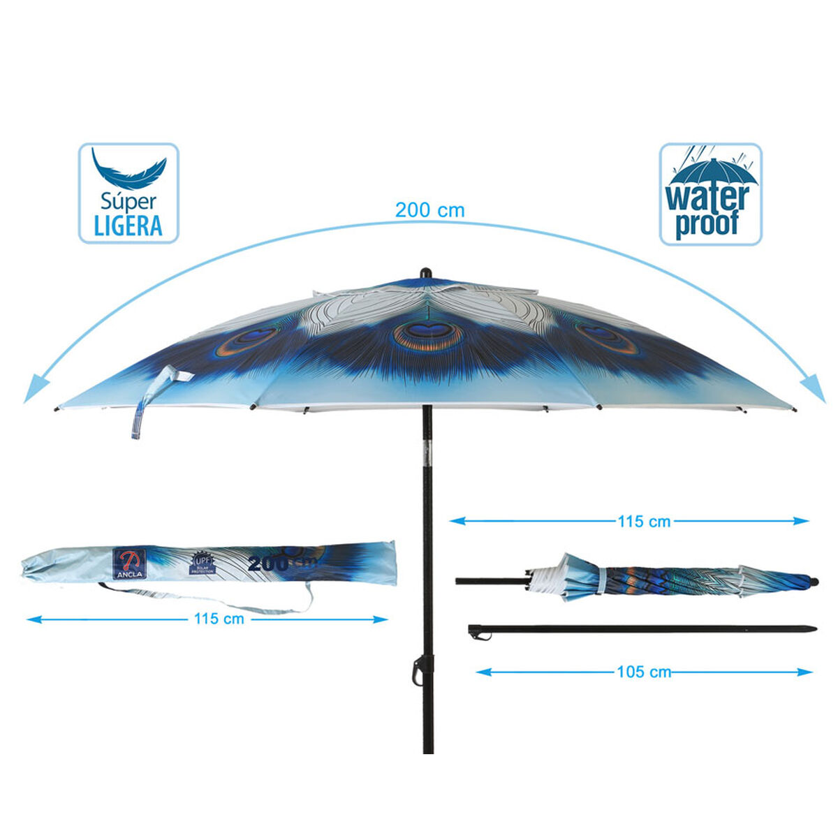 Strandparasoll Blå Ø 200 cm SPF50+ Påfugl